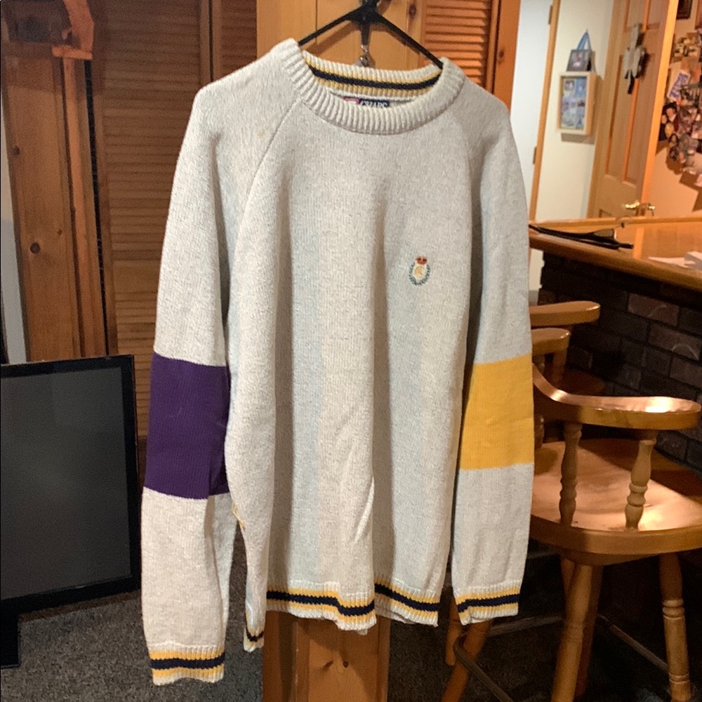 Purple and Yellow Color Block Crewneck Sweater
